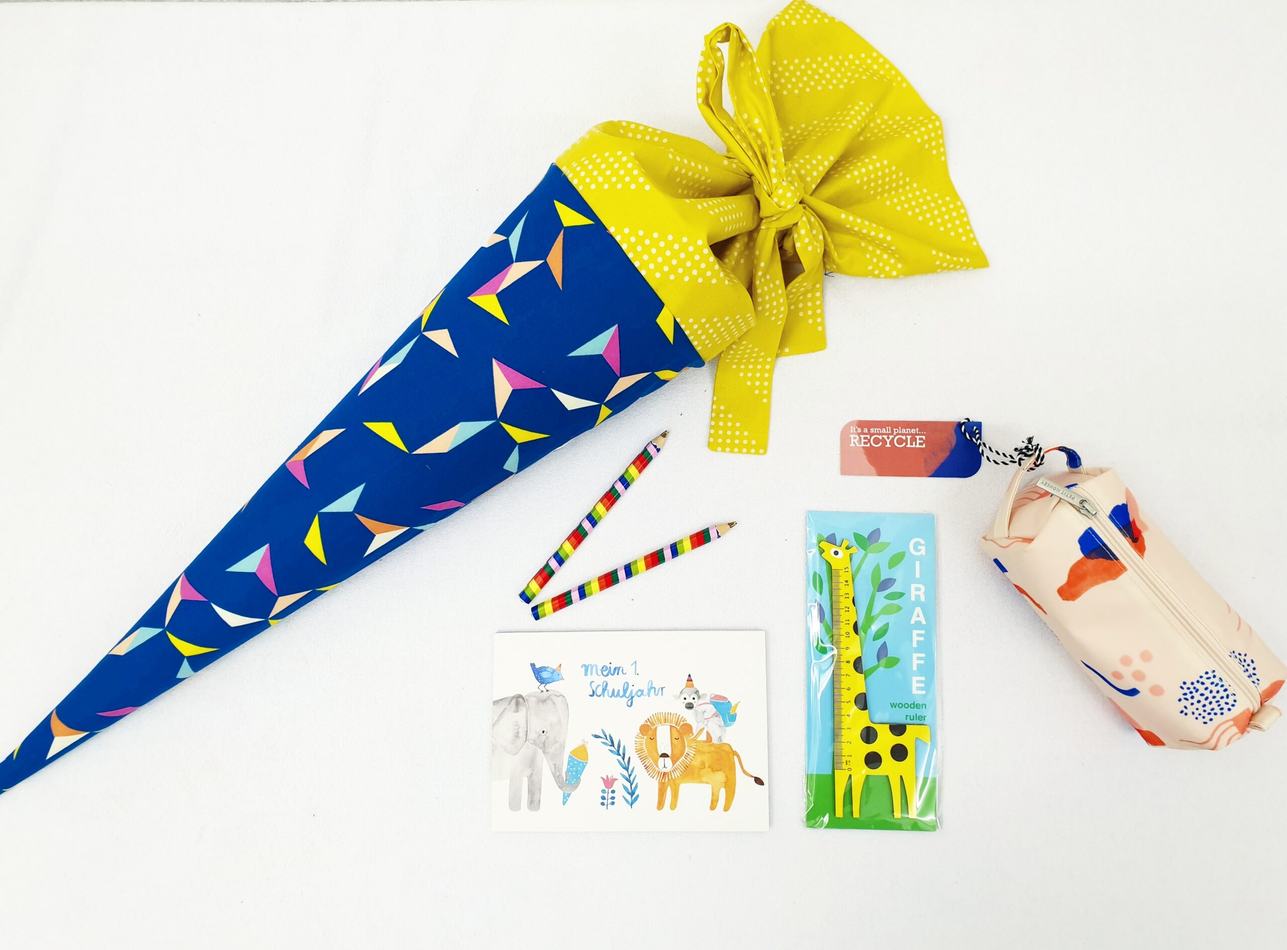 Schultüte 'Muster auf knallblau/ senfgelb'