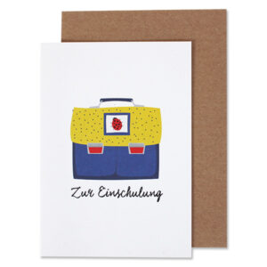 Klappkarte 'Schulranzen Marienkäfer blau/gelb – Zur Einschulung' AvaundYves