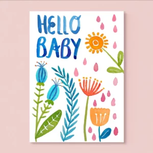Postkarte 'HELLO BABY mit Blumen'