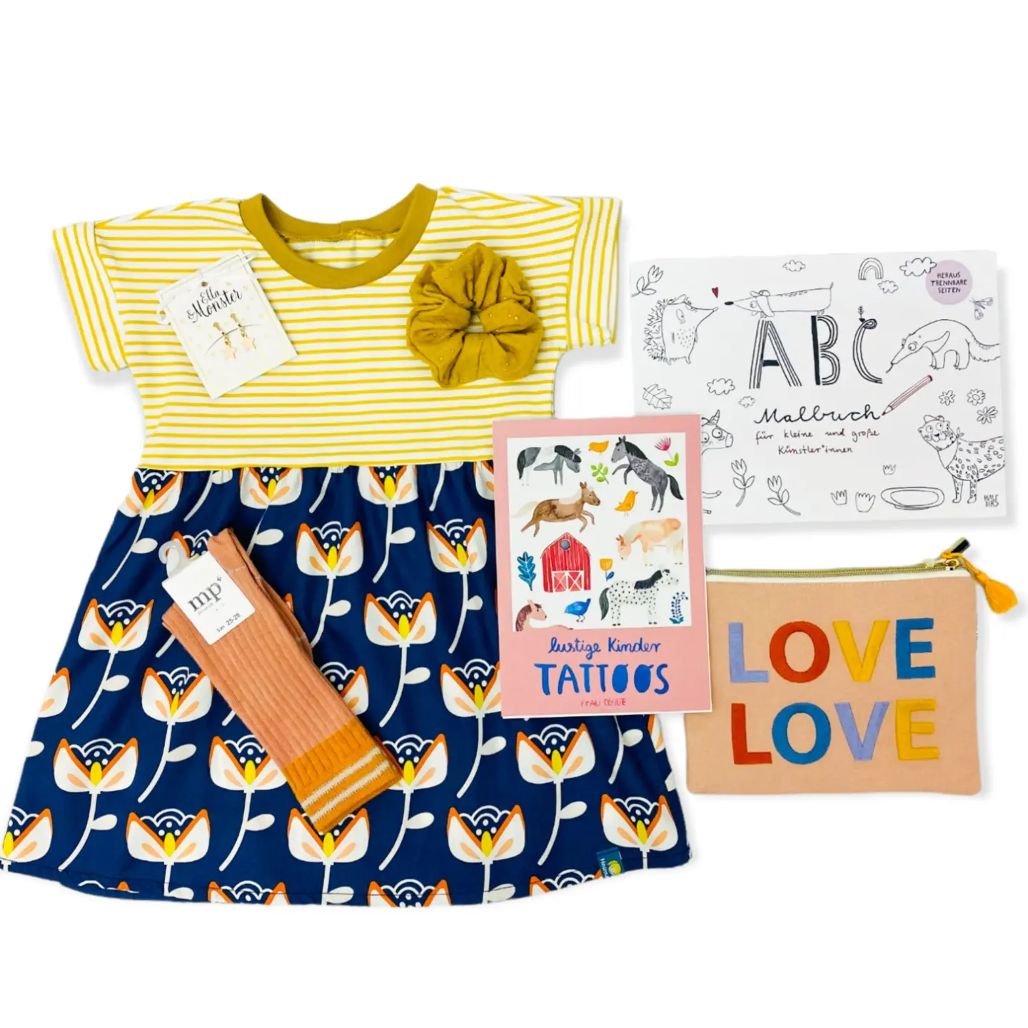 Passenkleid kurzarm gelb Ringel/Blumen auf blau