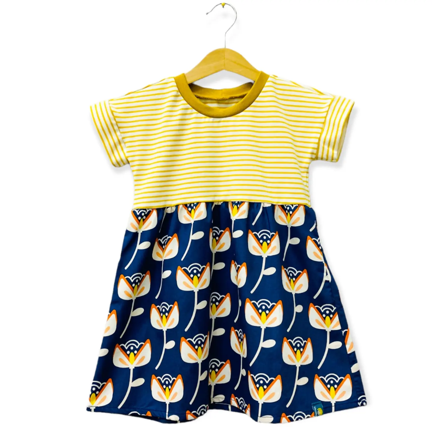 Passenkleid kurzarm gelb Ringel/Blumen auf blau – Bild 2