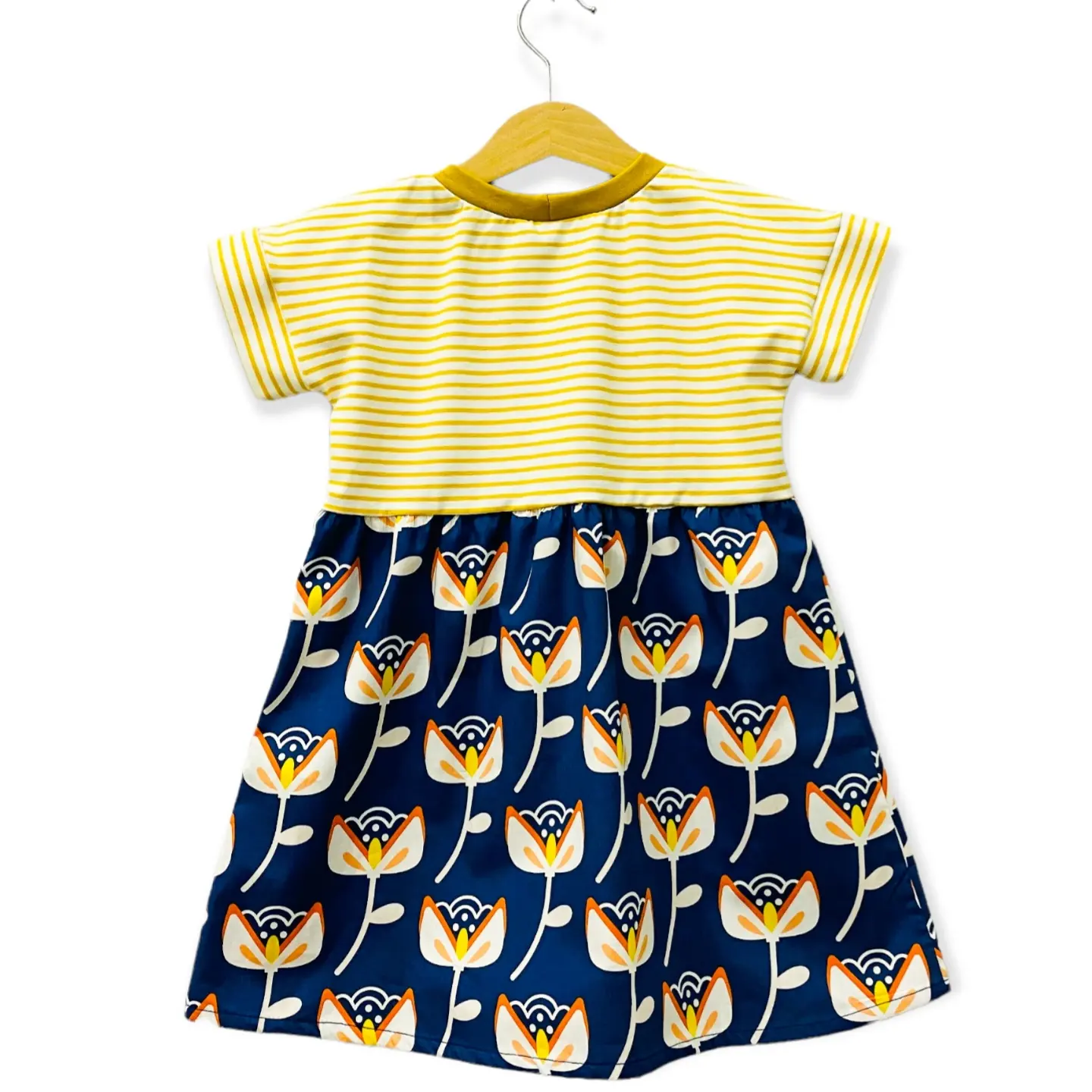 Passenkleid kurzarm gelb Ringel/Blumen auf blau – Bild 3