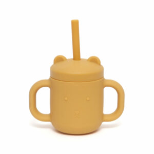 Petit Monkey Silikontasse mit Strohhalm und Griffen 'Ochre'