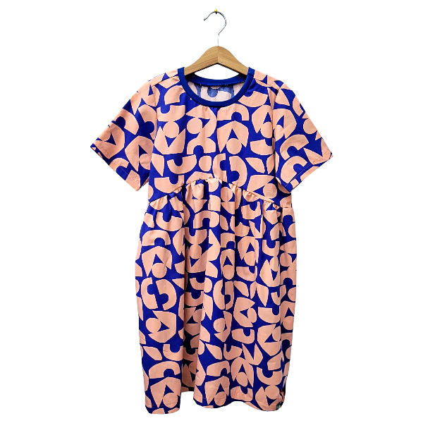 Einzelstück Gr 86/92 Sommerkleid kurzarm 'blau apricot Muster'