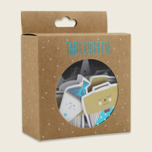 Table Confetti 'Einschulung, türkis/weiß/senf – Schulranzen und Schultüten' AvaundYves