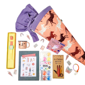 Schultüte 'Pferde auf Rosa/flieder Lurex Musselin '