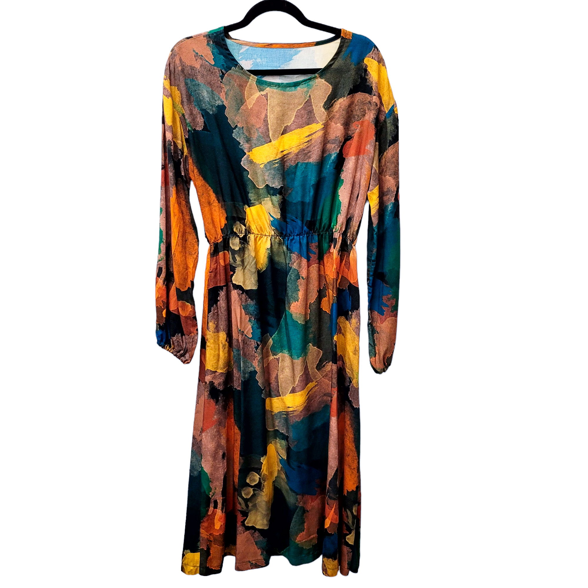 Lang/kurzarm MidiKleid aus Viskose 'Aquarell grün petrol orange senf'