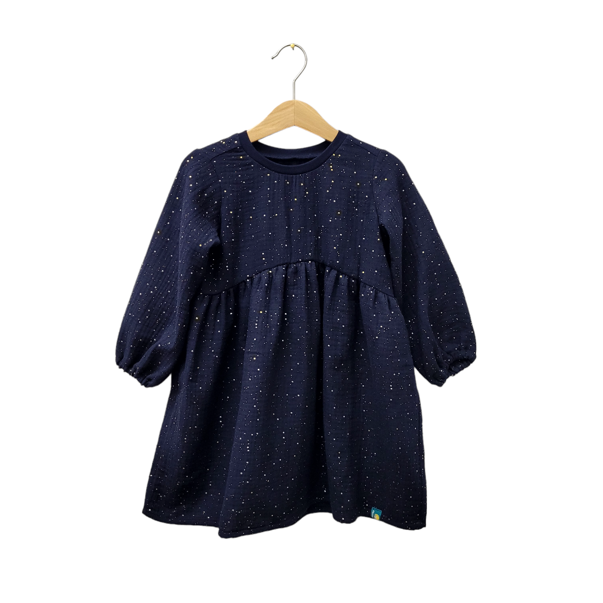 Kinderkleid Musselinkleid Marine goldene Punkte – Bild 2