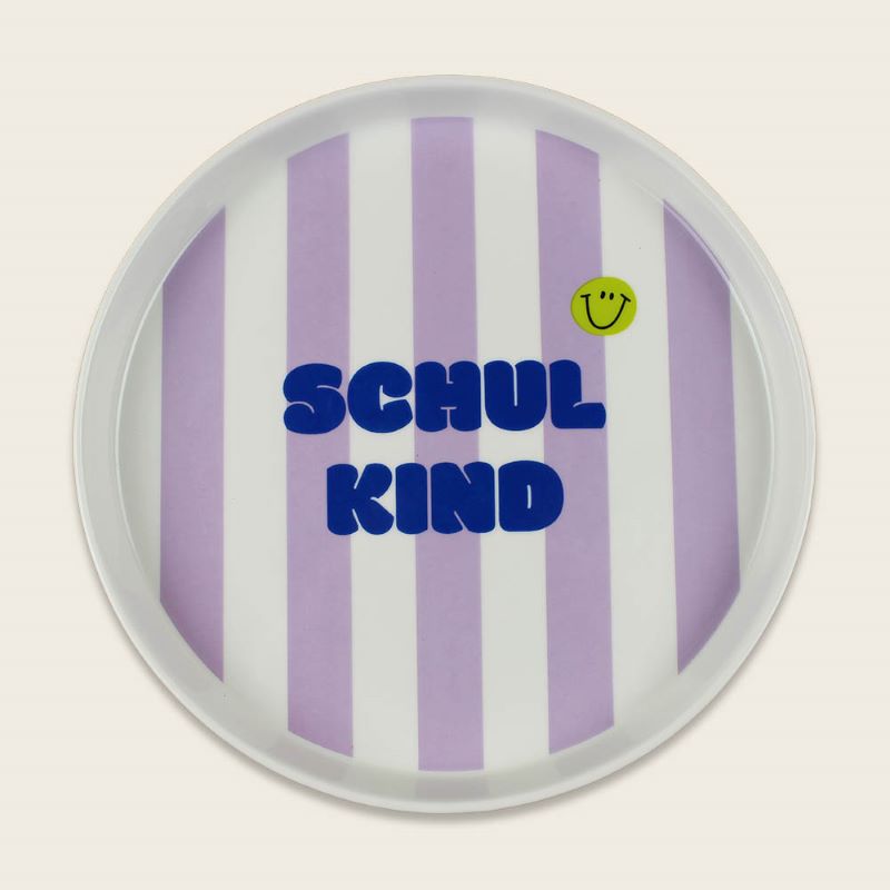 Ava&Yves Porzellan-Set 'Schulkind Streifen, flieder und pink' mit großem Teller (23cm), Becher und Müslischale – Bild 3