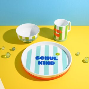 Ava&Yves Porzellan-Set 'Schulkind Streifen, türkis und grün' mit großem Teller (23cm), Becher und Müslischale