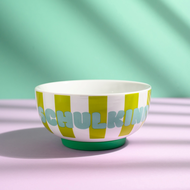 Ava&Yves Porzellan-Set 'Schulkind Streifen, türkis und grün' mit großem Teller (23cm), Becher und Müslischale – Bild 3