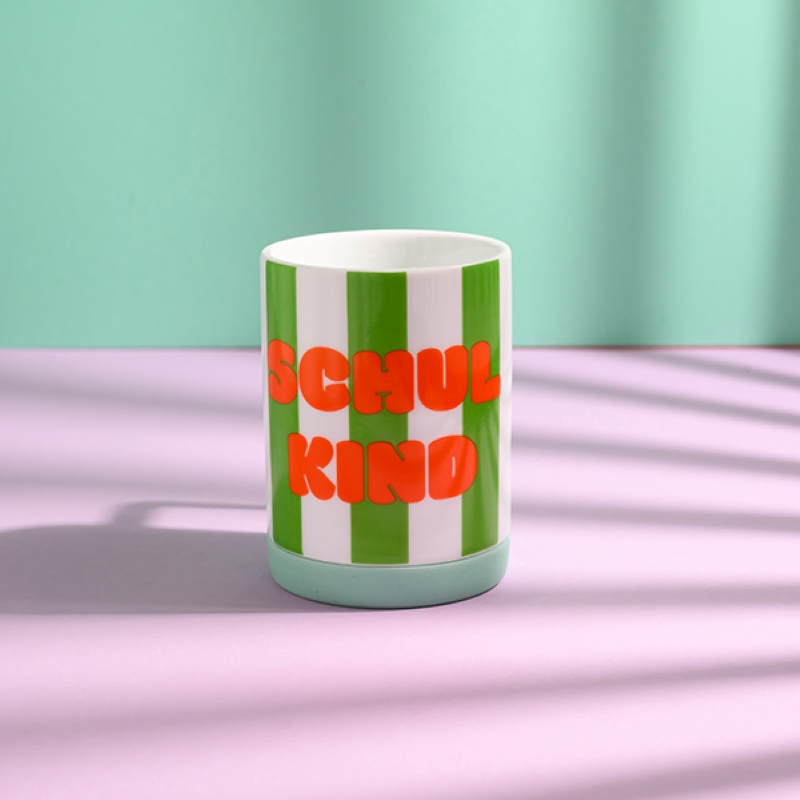 Ava&Yves Porzellan-Set 'Schulkind Streifen, türkis und grün' mit großem Teller (23cm), Becher und Müslischale – Bild 5