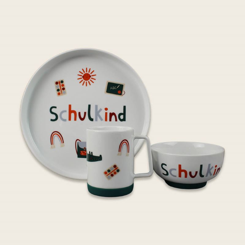 Ava&Yves Porzellan-Set 'Schulkind Adventure' mit großem Teller (23cm), Becher und Müslischale – Bild 2